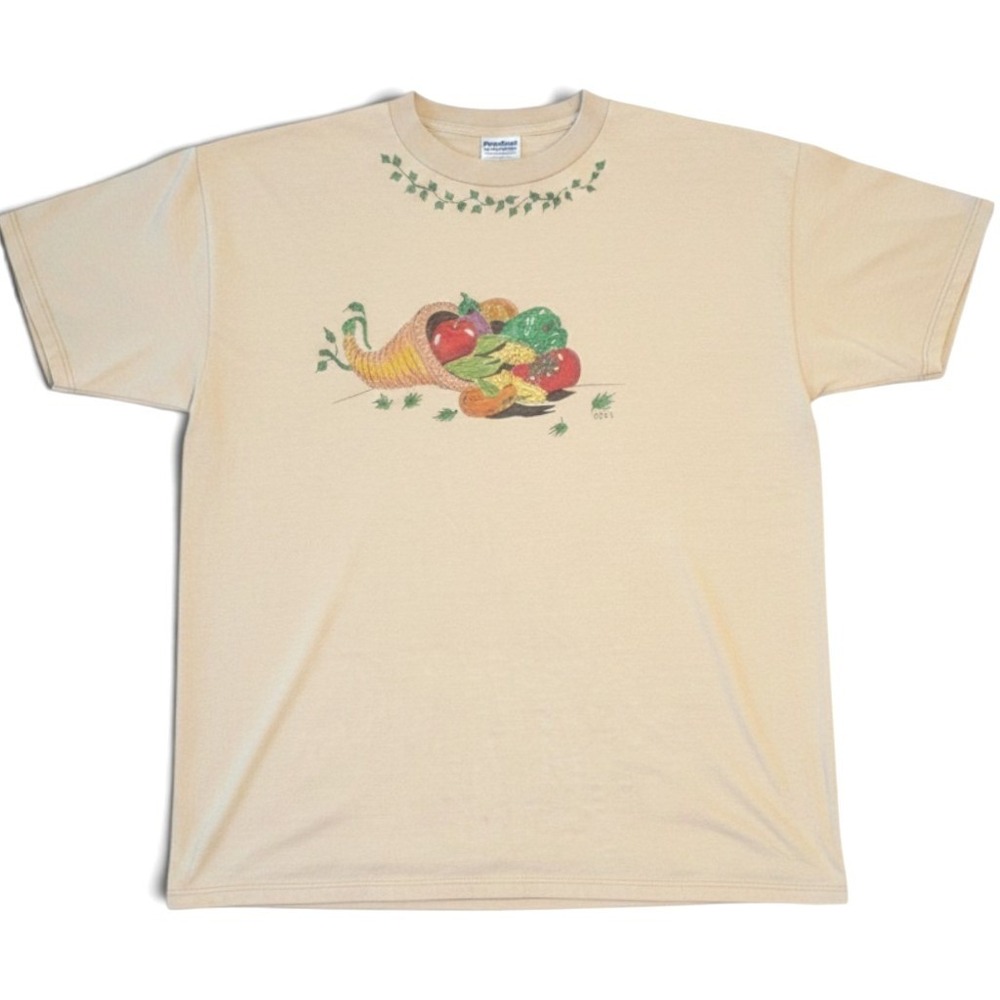 VTG 90s Jerzees Thanksgiving Cornucopia Shirt Large Tan‎ Graphic Tee Mens USA